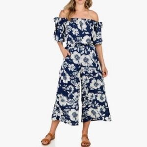 AUW Blue White Floral Tropical Wide Leg Jumpsuit w/ Pockets Shoulder Ties